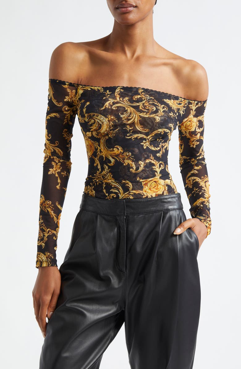 L'AGENCE Peonie Off the Shoulder Mesh Bodysuit, Main, color, Black/ Gold Barocco Swirl