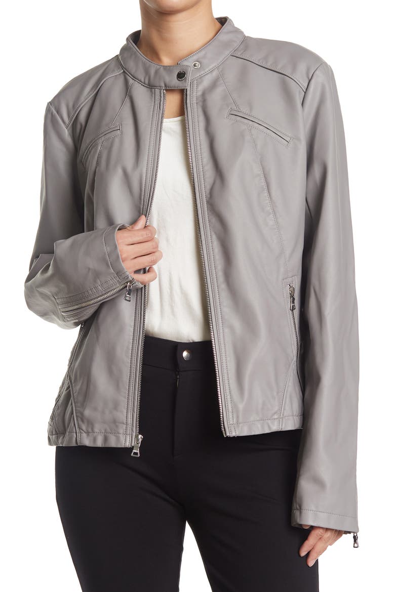 Faux Leather Racer Jacket, Main, color, GREY