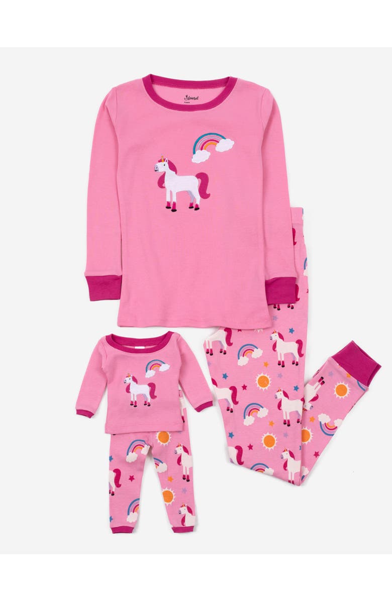 Leveret Girls 2-pc. Cotton Pajamas with Matching Doll Accessory - Unicorn & Fantasy Prints, Main, color, Unicorn Pink