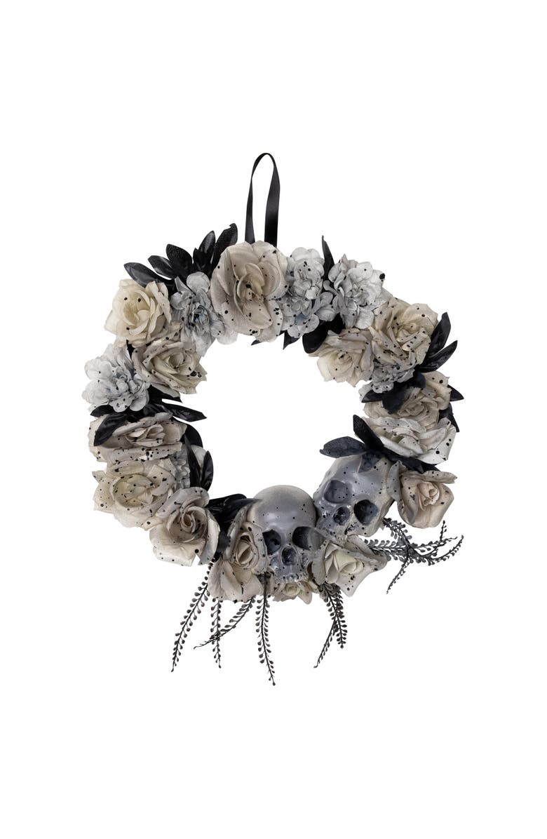 Northlight Double Skull and Roses Artificial Halloween Wreath- 16" - Unlit, Main, color, Gray