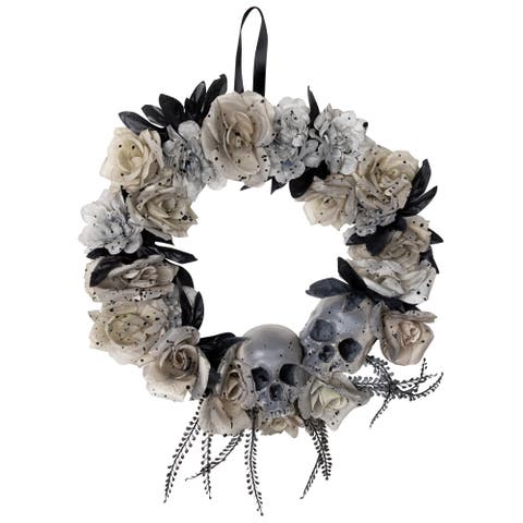 Double Skull and Roses Artificial Halloween Wreath- 16" - Unlit