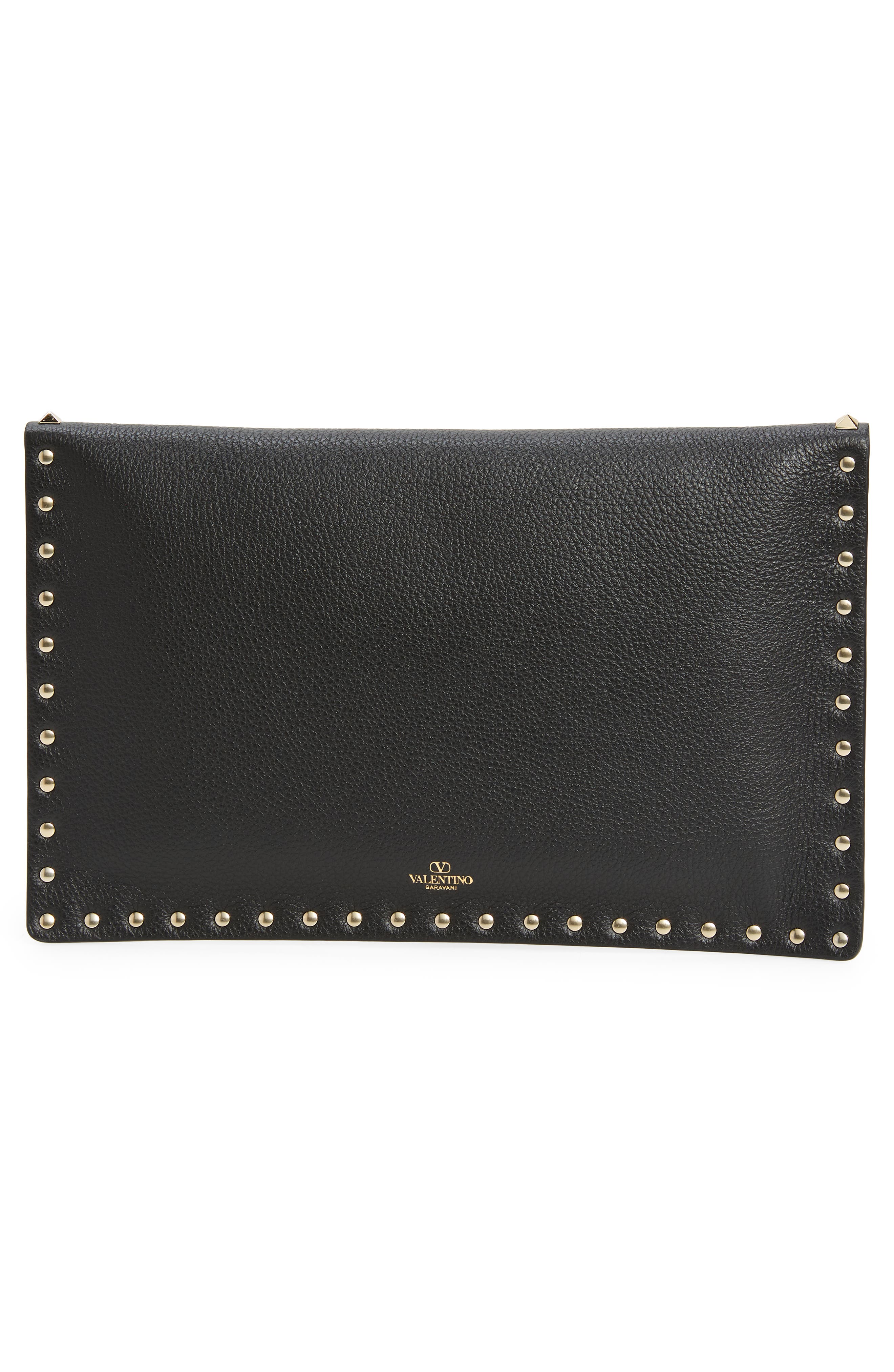 Valentino Garavani Large Rockstud Leather Envelope Pouch, Alternate, color, Nero