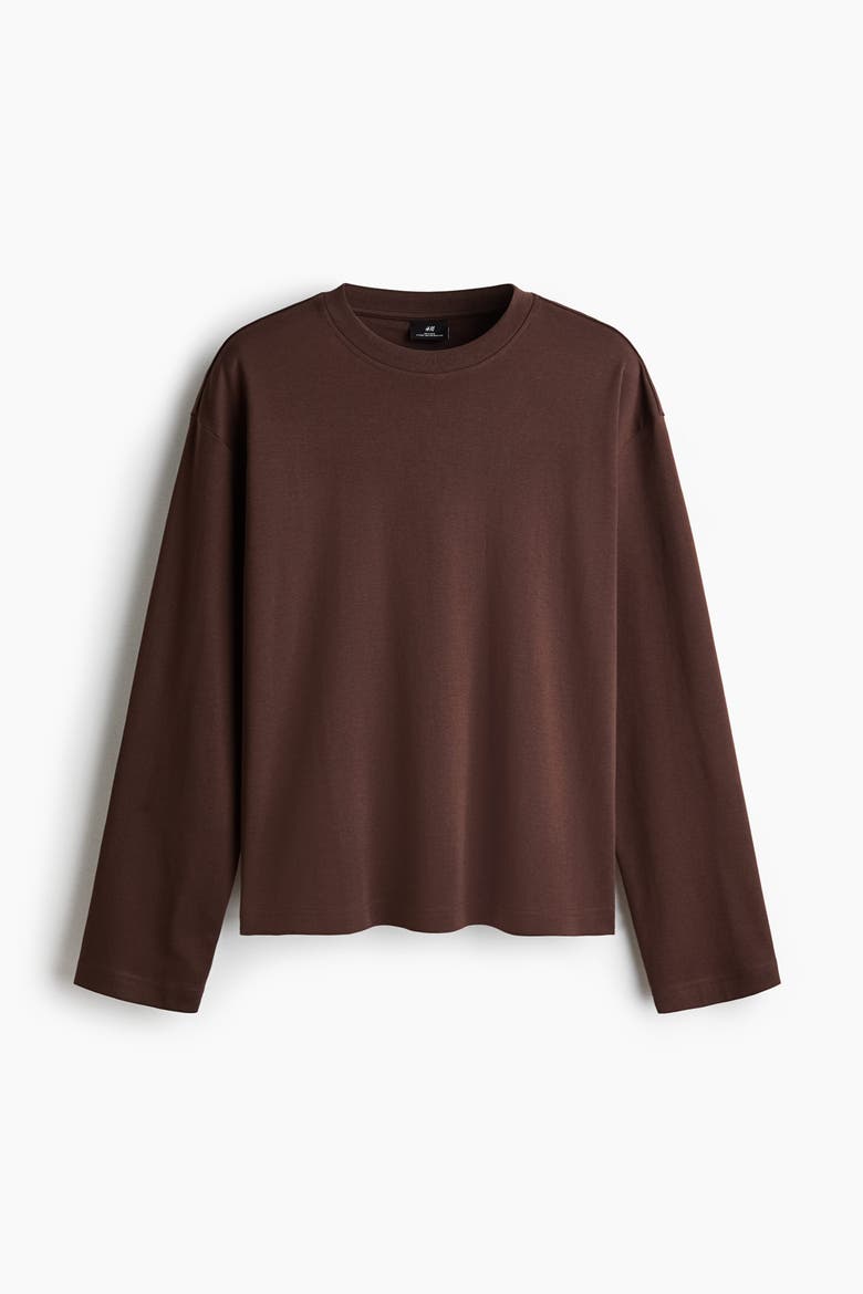 Relaxed-fit Long-sleeved Interlock Cotton T-shirt, Alternate, color, Dark brown