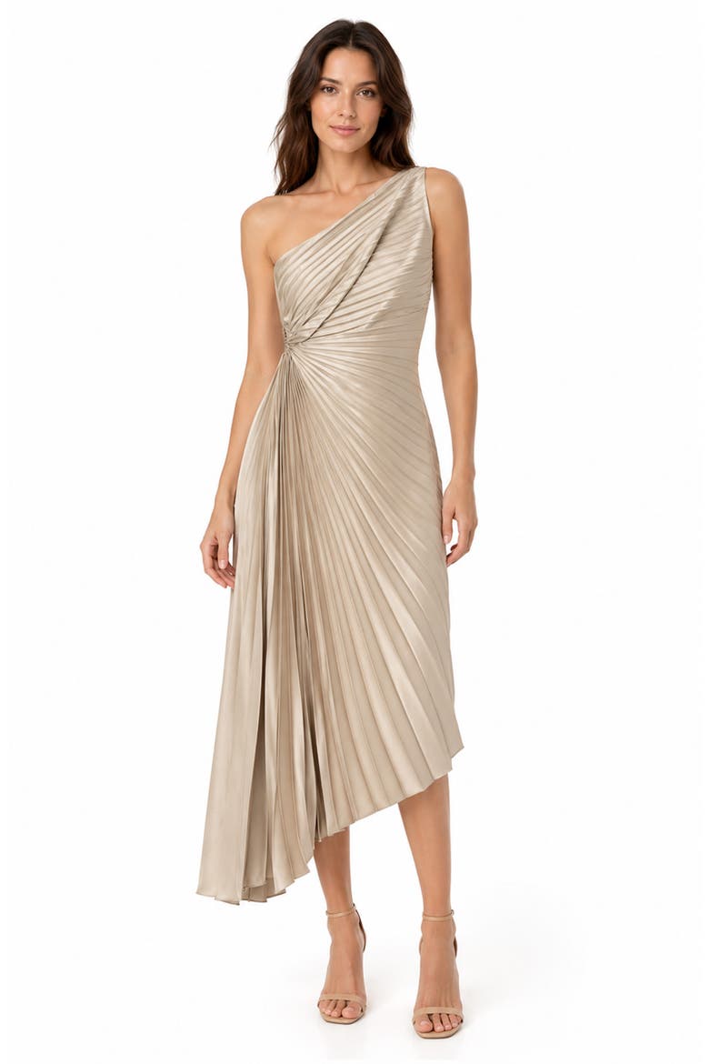 Pleated One-Shoulder Satin Cocktail Dress, Alternate, color, CHAMPAGNE