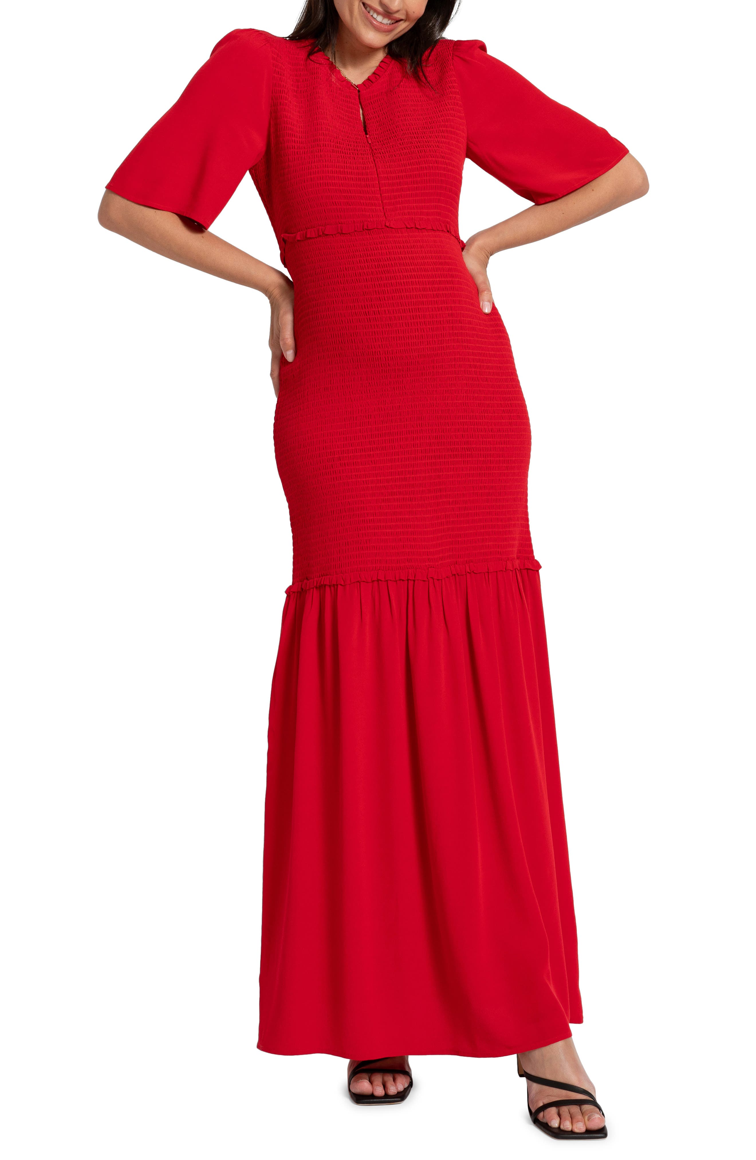 Seraphine Smocked Maternity-to-Nursing Maxi Dress in Coral 