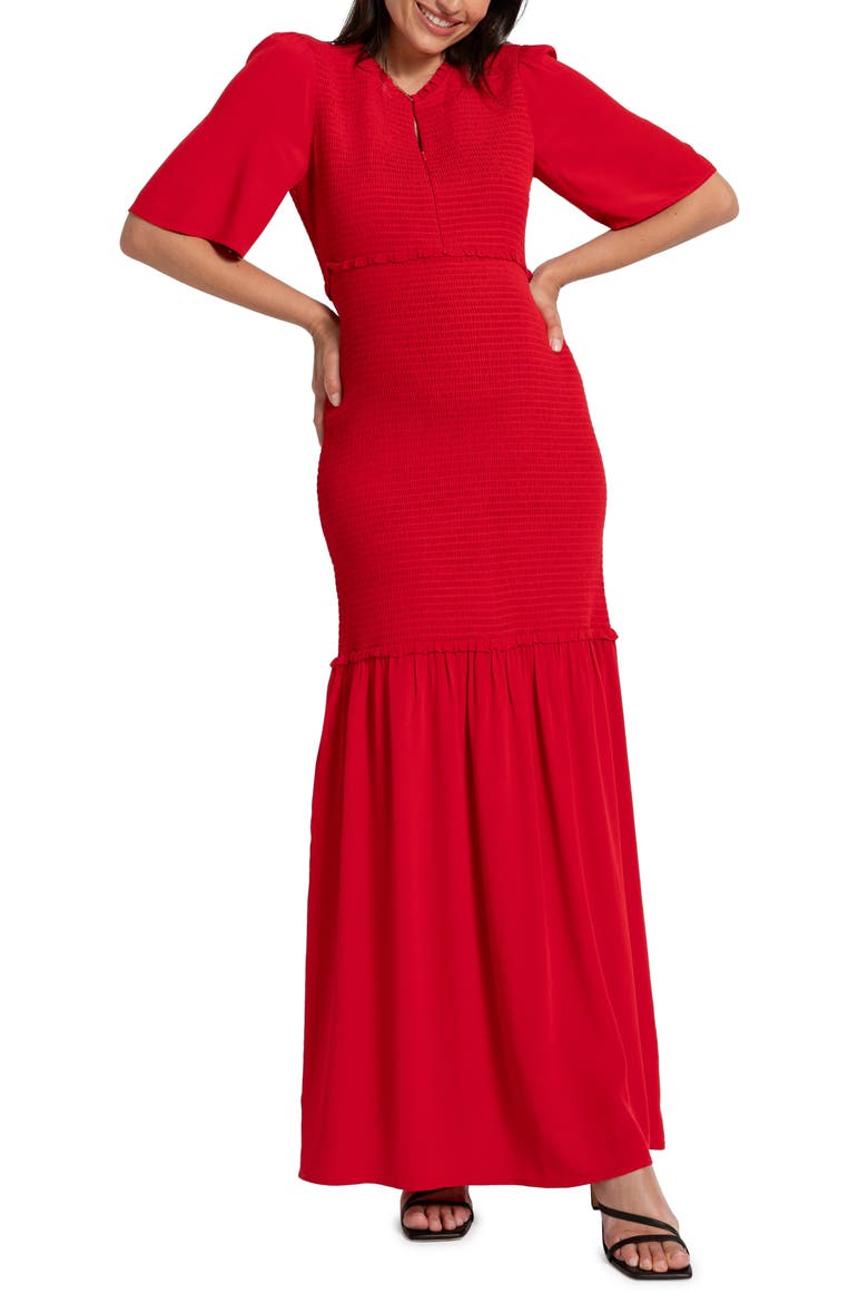 Smocked Maternity-to-Nursing Maxi Dress, Main, color, CORAL