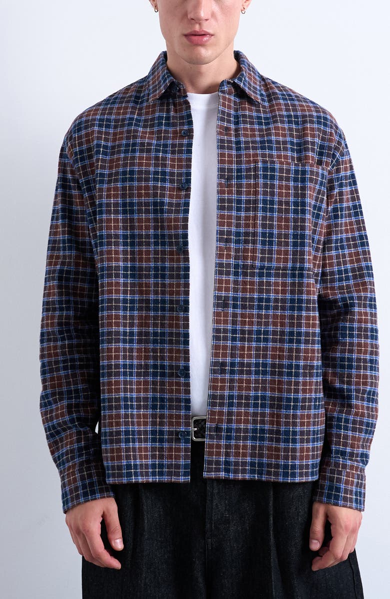 Topman Relaxed Fit Check Cotton Flannel Button-Up Overshirt, Main, color, Brown