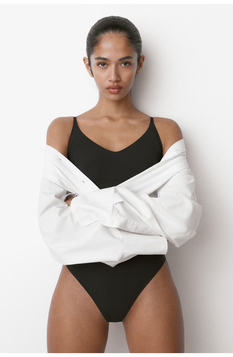 H&M Light Shape Microfibre Thong Body, Alternate, color, Black