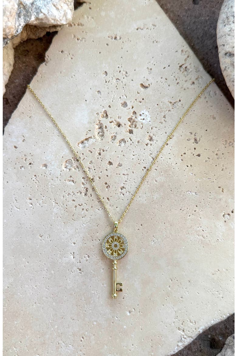 14K Gold Plated Cubic Zirconia Ornate Key Pendant Necklace, Alternate, color, GOLD