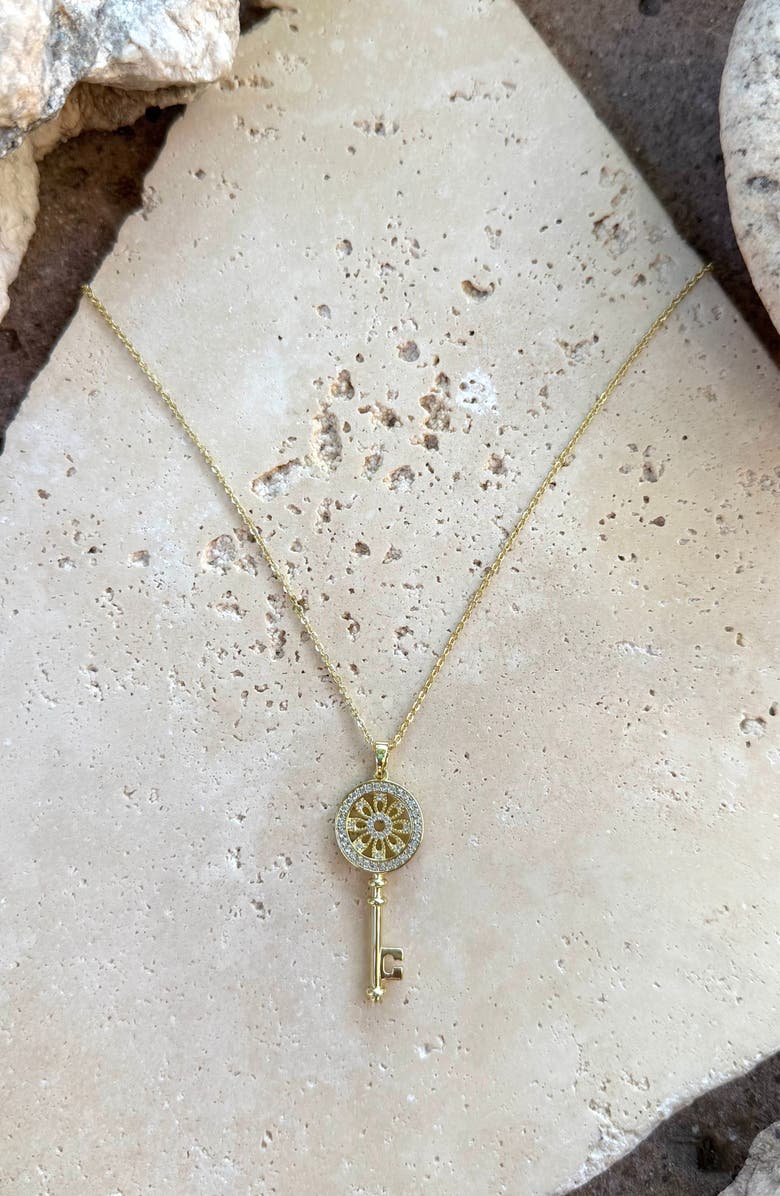 Adornia 14K Gold Plated Cubic Zirconia Ornate Key Pendant Necklace, Alternate, color, Gold