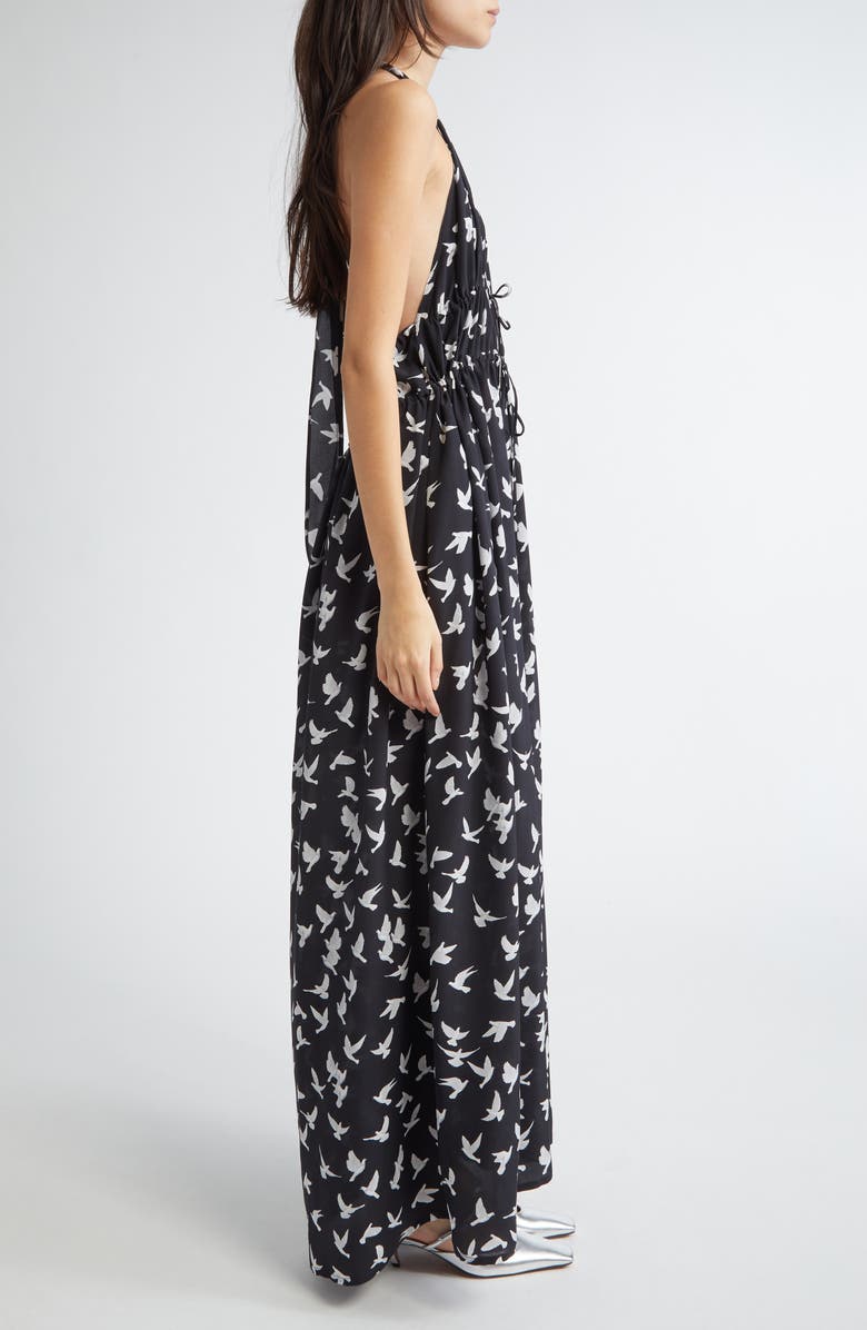 Stella McCartney Mini Birds Halter Neck Silk Crêpe de Chine Maxi Dress, Alternate, color, Black