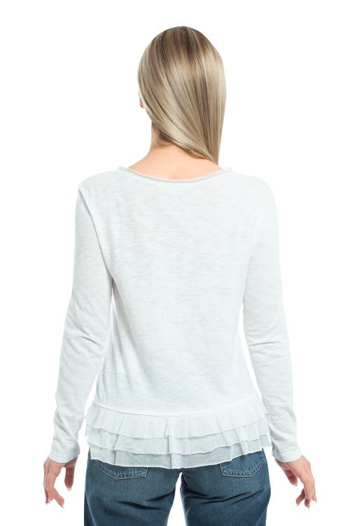 Wilt Clothing V-neck Mixed Media Long Sleeve Tee With Ruffle Hem In Blue