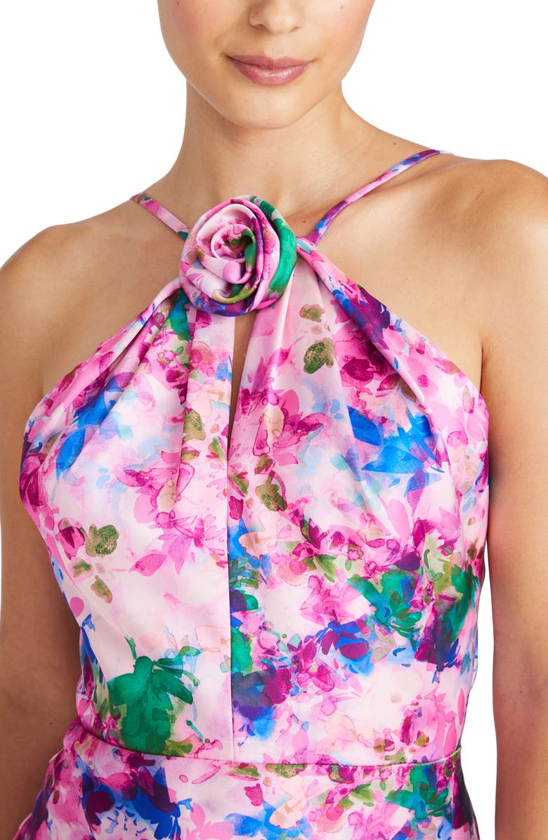 ML Monique Lhuillier Violette Floral Halter Neck Satin Gown, Alternate, color, Waterlily Floral