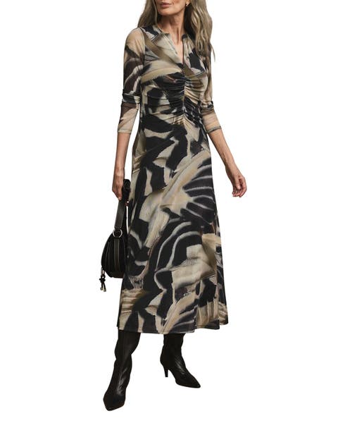 Abstract Print Mesh Midi Dress