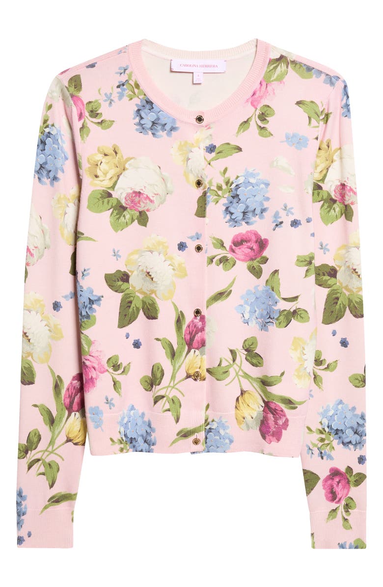 Carolina Herrera Long Sleeve Crewneck Cardigan, Main, color, Rosewater Multi