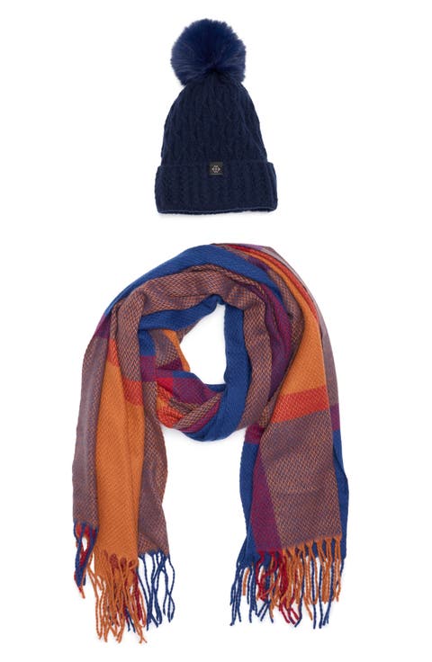 Faux Fur Pompom Beanie & Scarf Gift Set