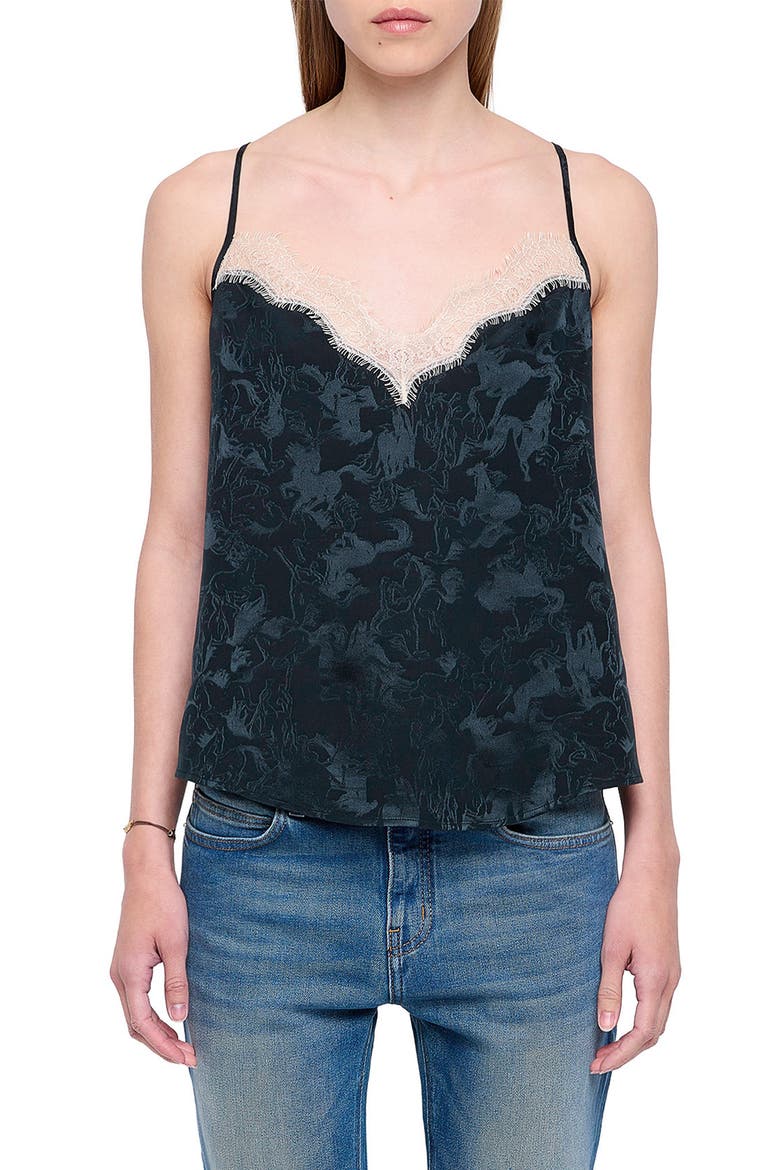 Cespa Horse Jacquard Silk Camisole, Main, color, GLOOM