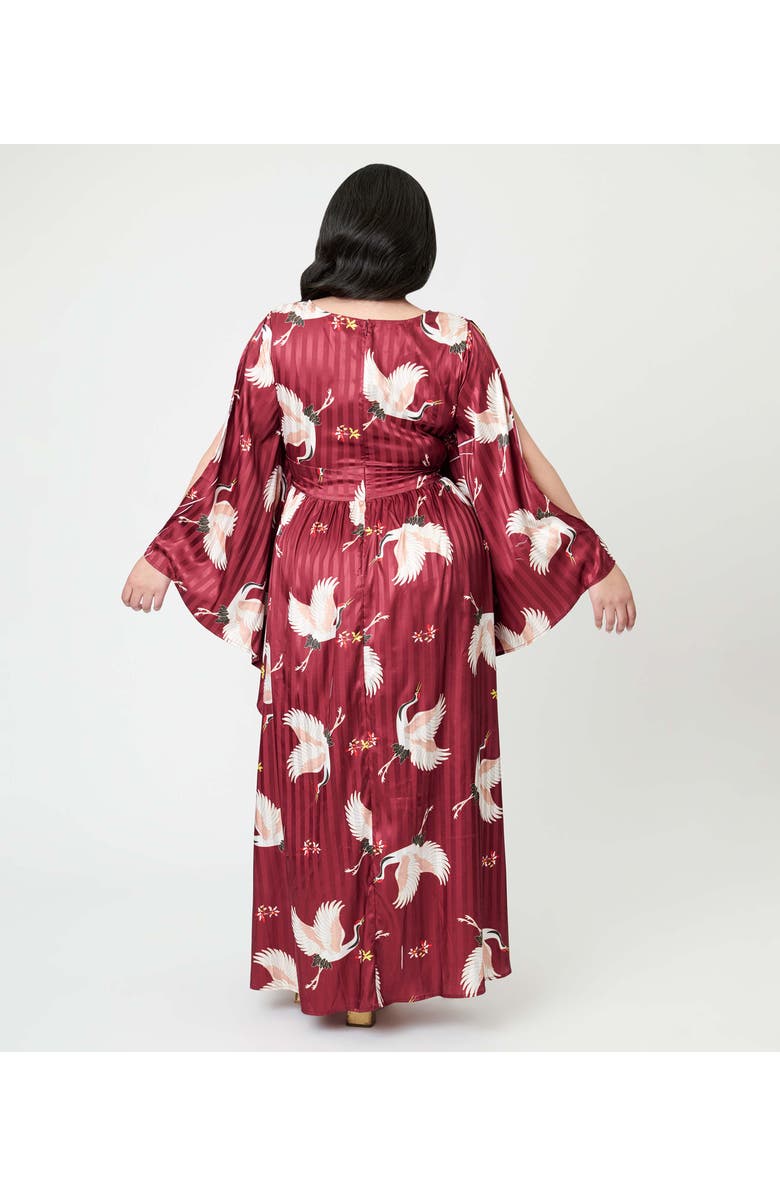 Unique Vintage Plus Size 1960s Flutter Sleeve Caftan, Alternate, color, Burgundy Crane Print
