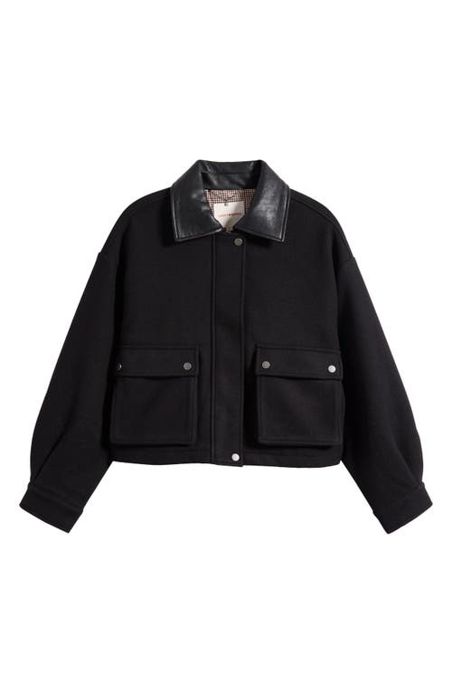 Lucky Brand Faux Leather Collar Crop Bomber Jacket In Black