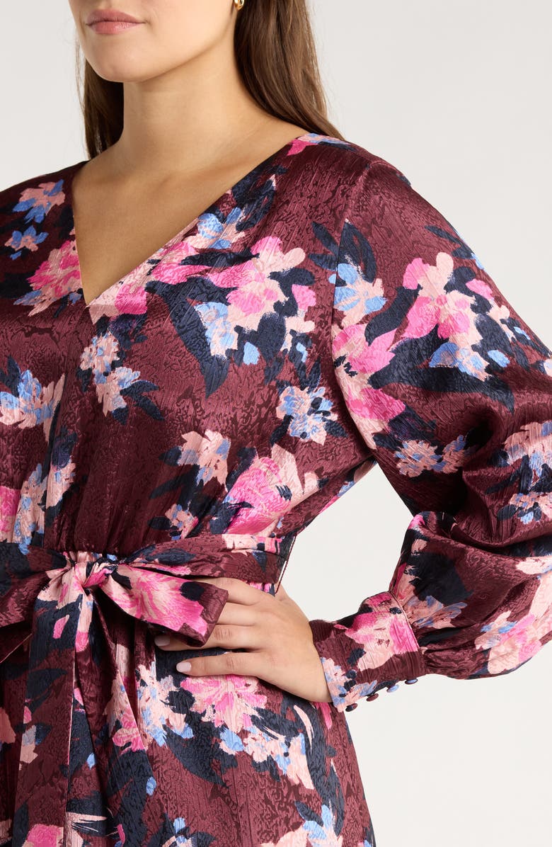 Caslon<sup>®</sup> Belted Long Sleeve Satin Midi Dress, Alternate, color, Burgundy- Blue Georgia Blooms