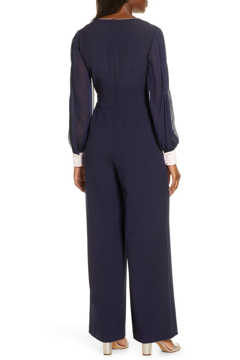 Long Sleeve Crepe & Georgette Jumpsuit, Alternate, color, NAVY