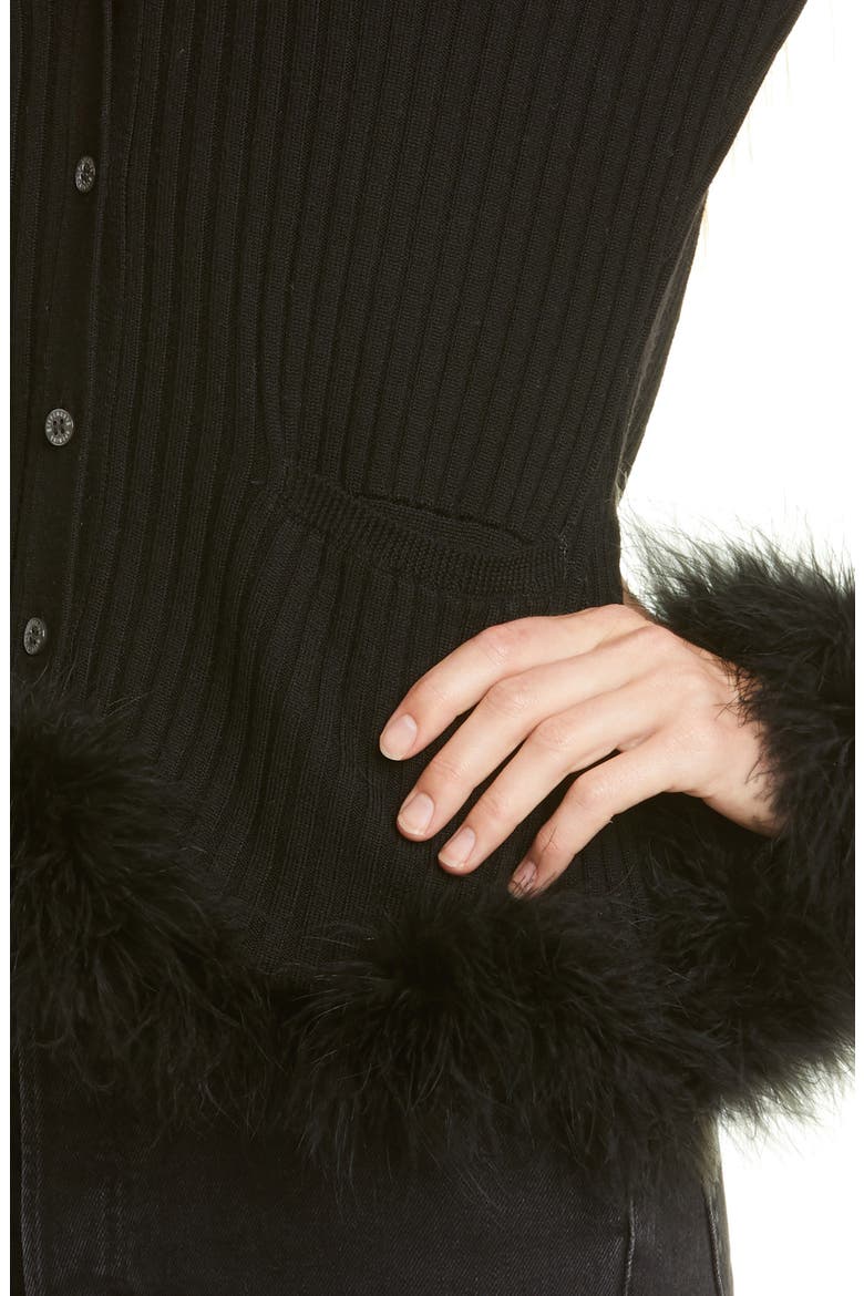 Rib Wool Cardigan with Feather Trim, Alternate, color, BLACK