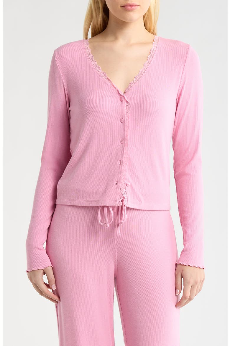 Daydream Lace Trim Rib Button-Up Lounge Top, Main, color, PINK STORM