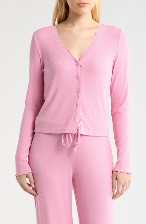 Daydream Lace Trim Rib Button-Up Lounge Top