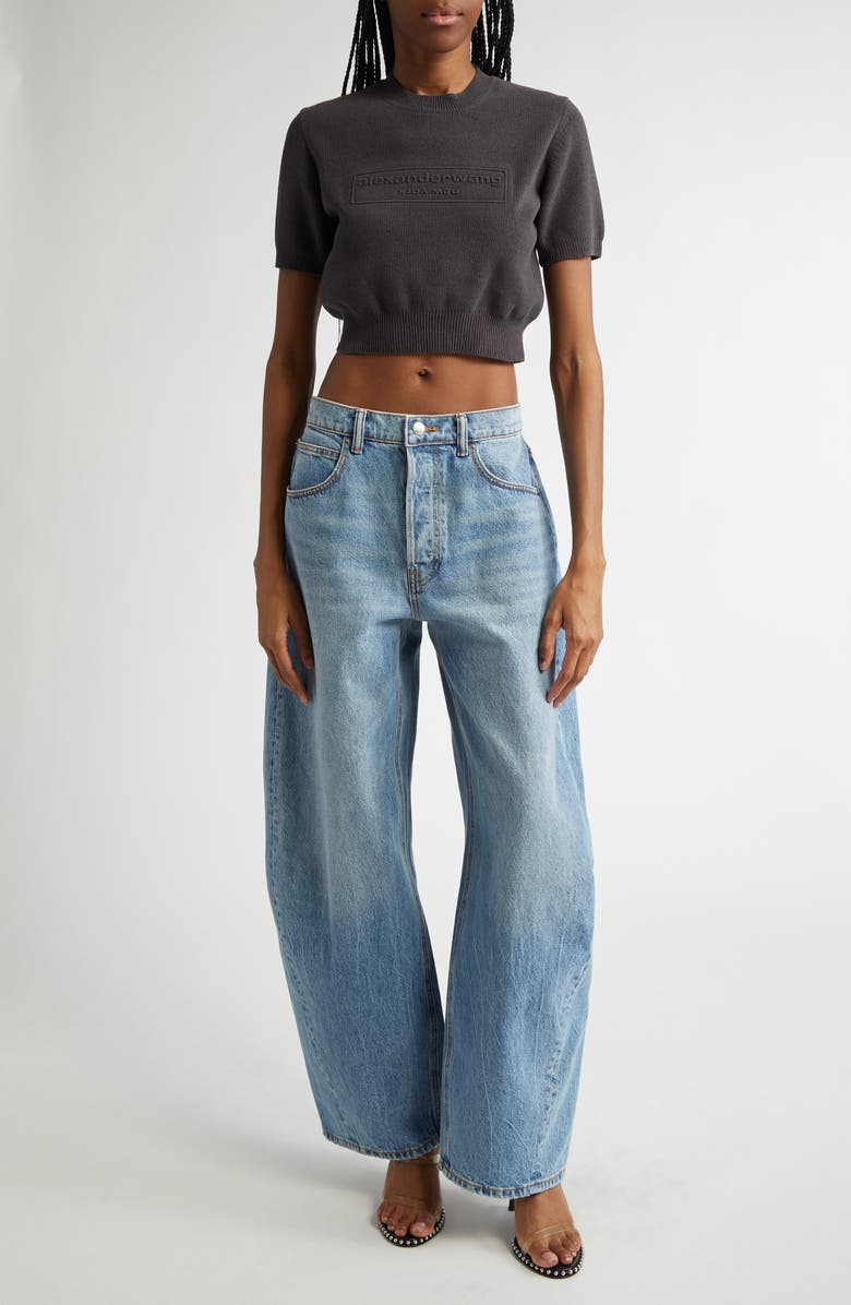 Alexander Wang Embossed Logo Short Sleeve Crop Sweater, Alternate, color,