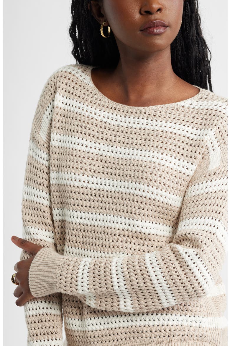 Open Stitch Cotton Blend Sweater, Alternate, color, TAN- IVORY MATTY STRIPE