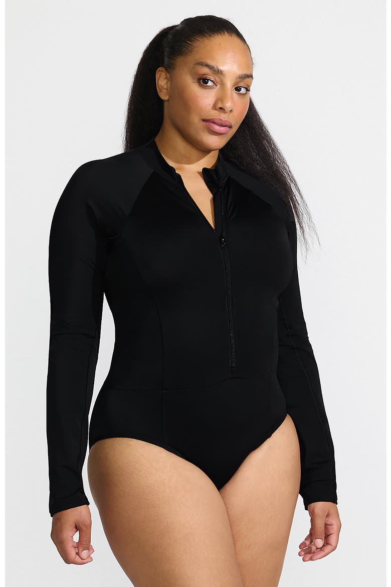 Tugless Long Sleeve Rash Guard One Piece Swimsuit, Main, color, Black