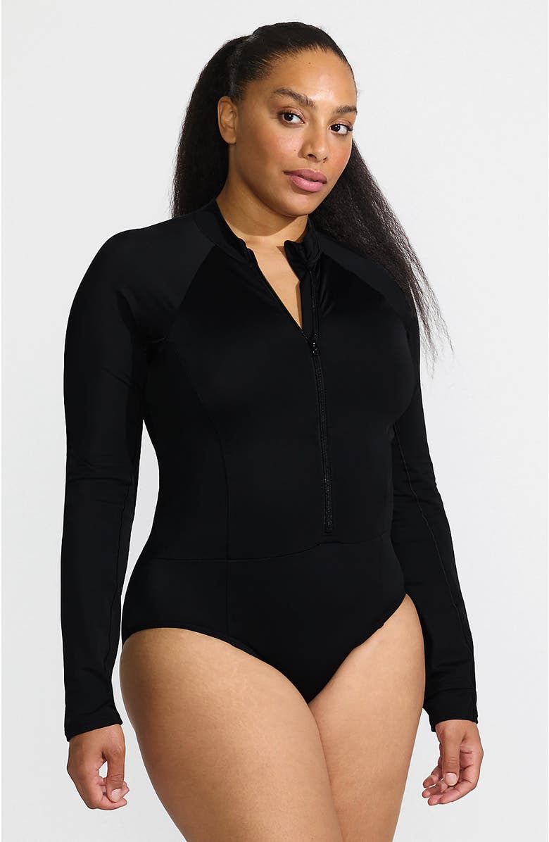 Lands' End Plus Size Tugless Long Sleeve Rash Guard One Piece Swimsuit, Main, color, Black