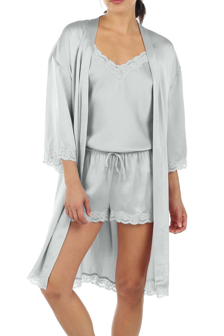 Lace Trim Silk Short Robe, Alternate, color, SAGE