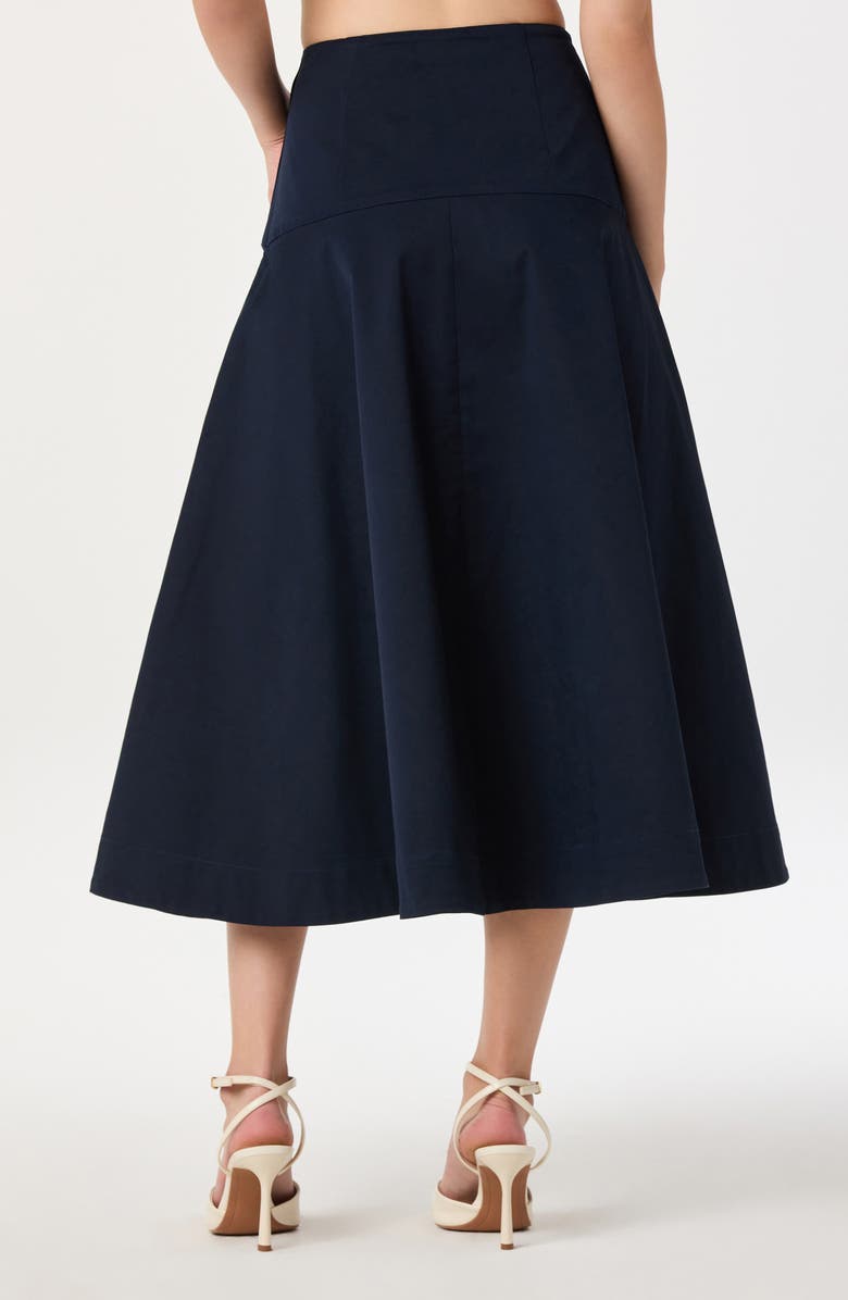 ASTR the Label Drop Waist Stretch Cotton Midi Skirt, Alternate, color, Navy