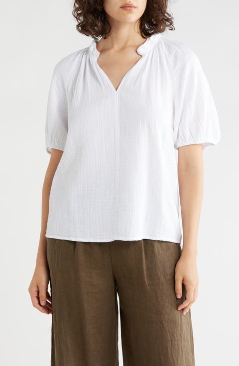 Split Neck Puff Sleeve Cotton Gauze Top
