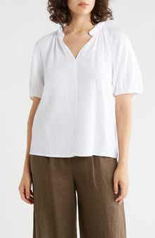 Caslon® Split Neck Puff Sleeve Cotton Gauze Top