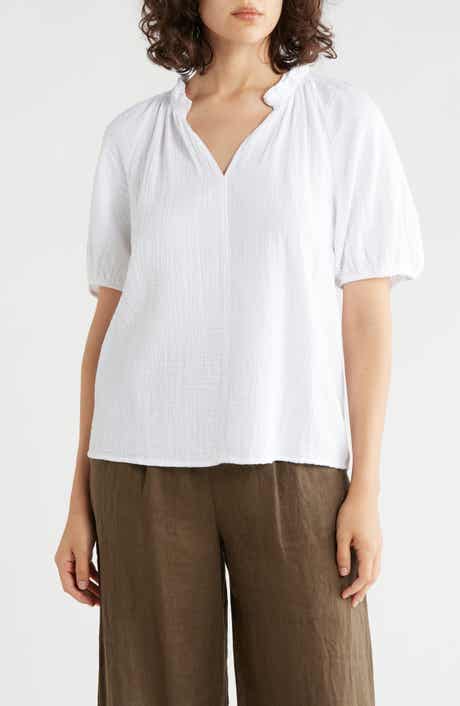 Caslon® Split Neck Puff Sleeve Cotton Gauze Top