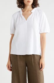 Caslon® Split Neck Puff Sleeve Cotton Gauze Top