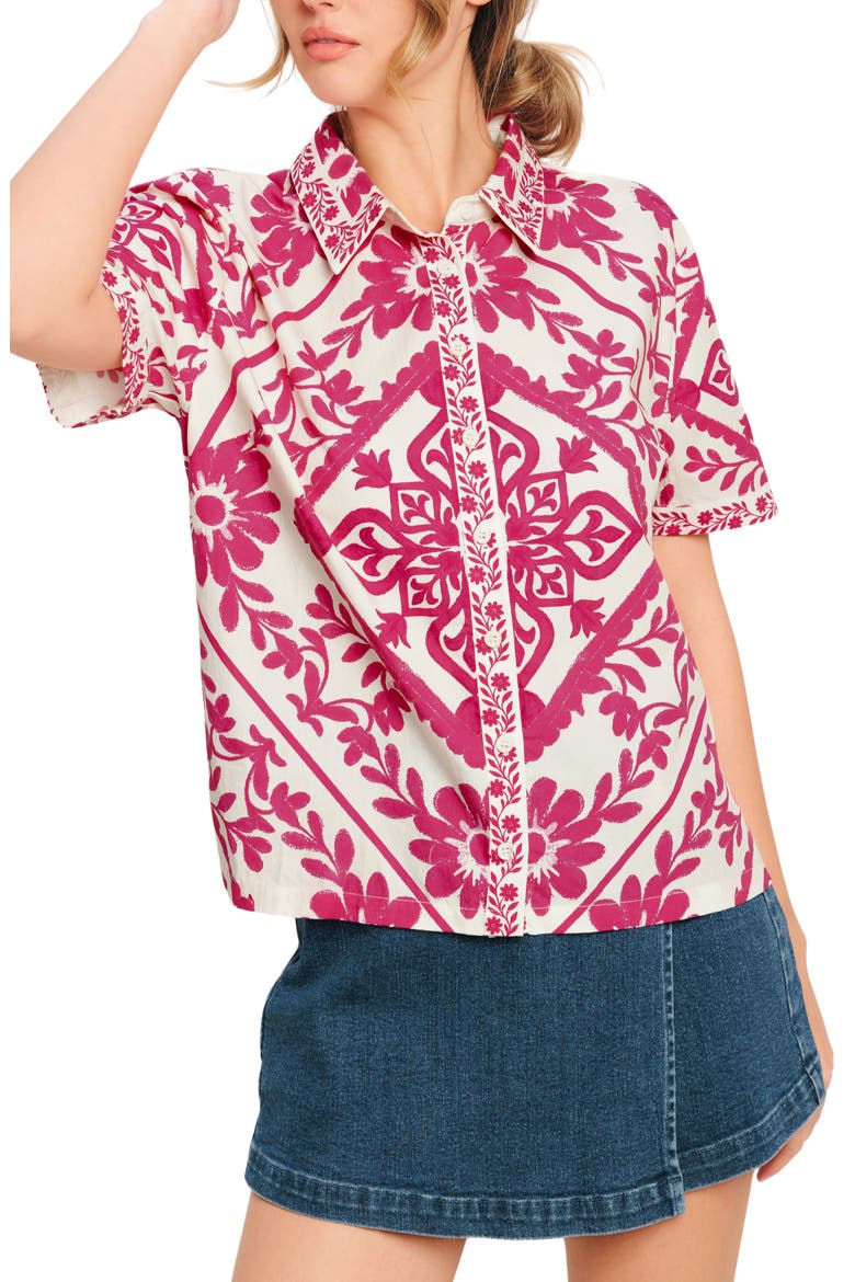 Floral Short Sleeve Button-Up Shirt, Main, color, IVORY FUCHSIA