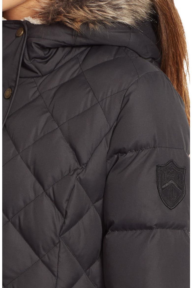 Faux Fur Trim Hooded Long Down & Feather Fill Coat, Alternate, color, BLACK