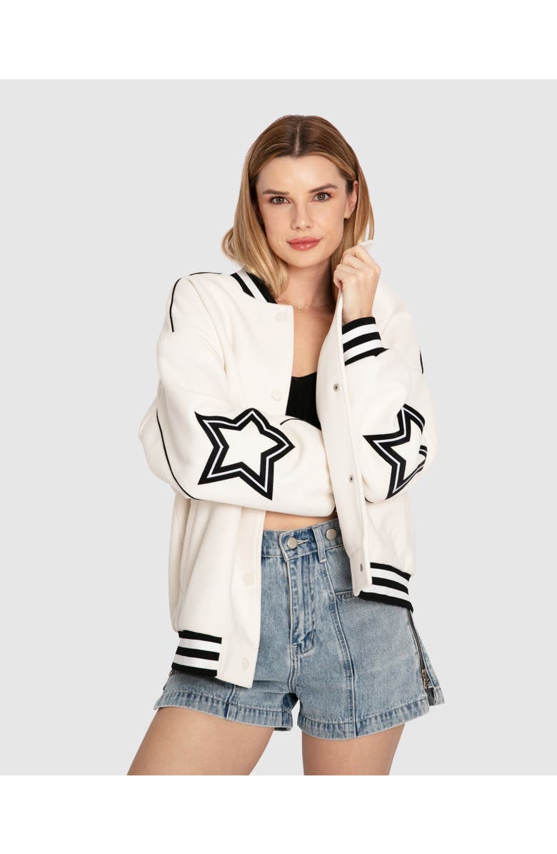 Belle & Bloom Hold Me Close Letterman Bomber, Main, color, White