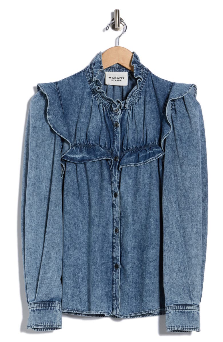 Isabel Marant Étoile Idety Ruffle Denim Button-Up Shirt, Alternate, color, Light Blue