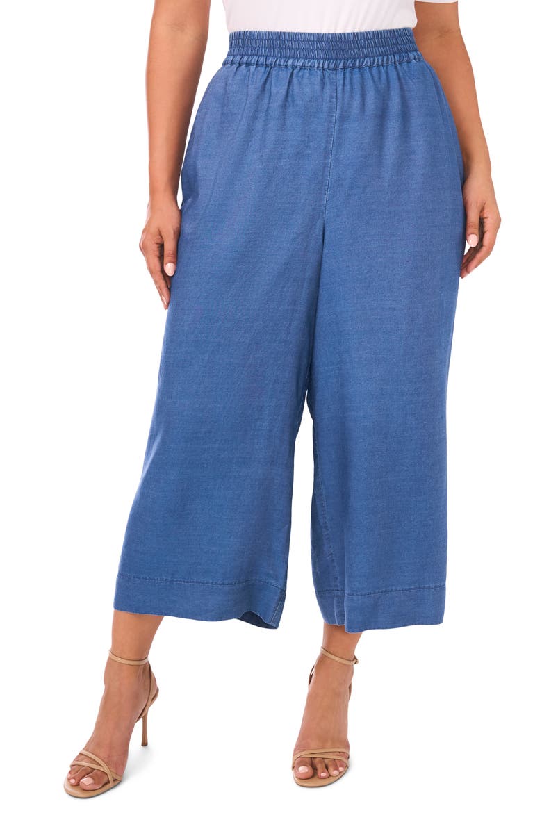 Smocked Waist Crop Wide Leg Pants, Main, color, CHAMBRAY BLUE