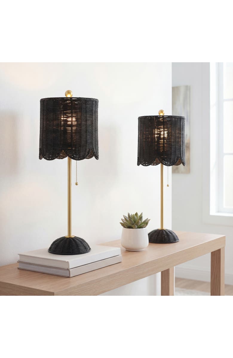 JONATHAN Y Celerie 27.5" Coastal Bohemian Rattan/Iron Scalloped Buffet LED Table Lamp with Pull Chain, Main, color, Black/Brass Gold