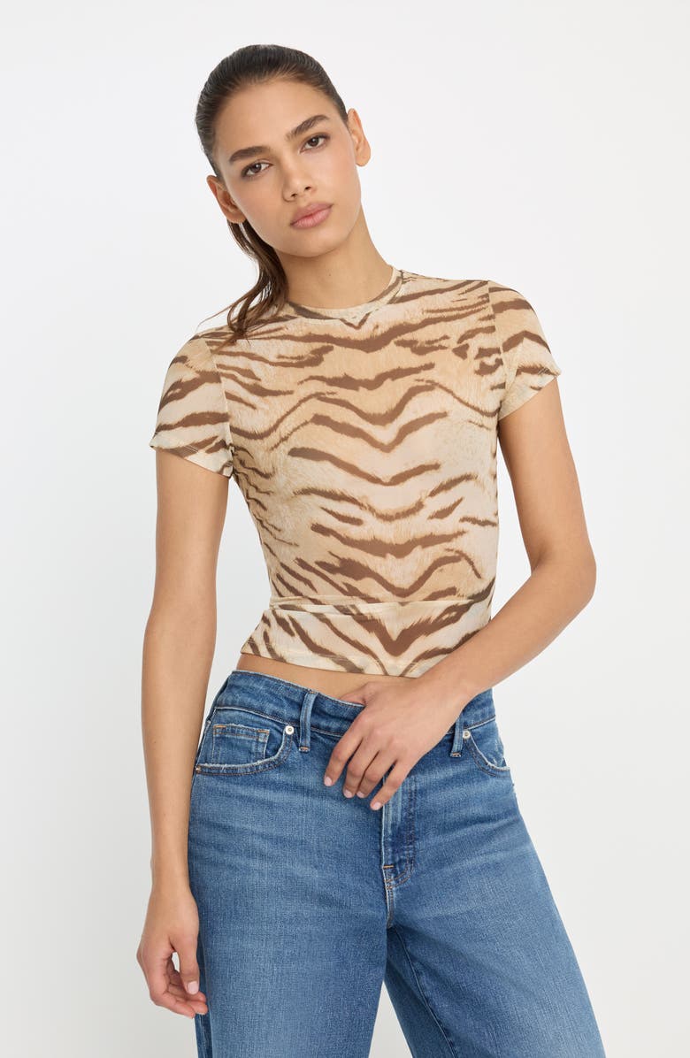 Good American Printed Mesh T-Shirt, Alternate, color, Brown Tiger