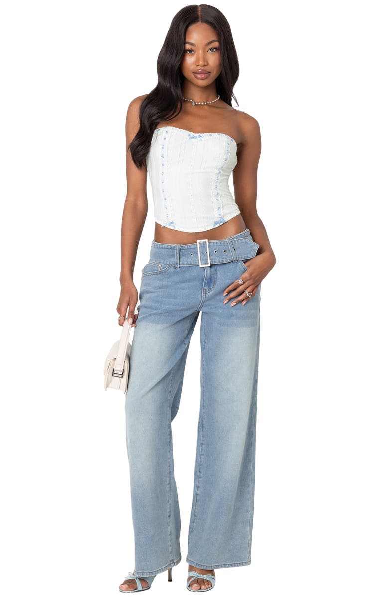 EDIKTED Mist Lacey Ribbon Corset Crop Top, Alternate, color, White