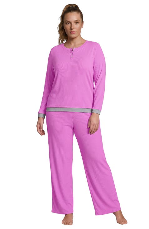 Plus Size Comfort Rib 2 Piece Pajama Set - Long Sleeve Top And Pants