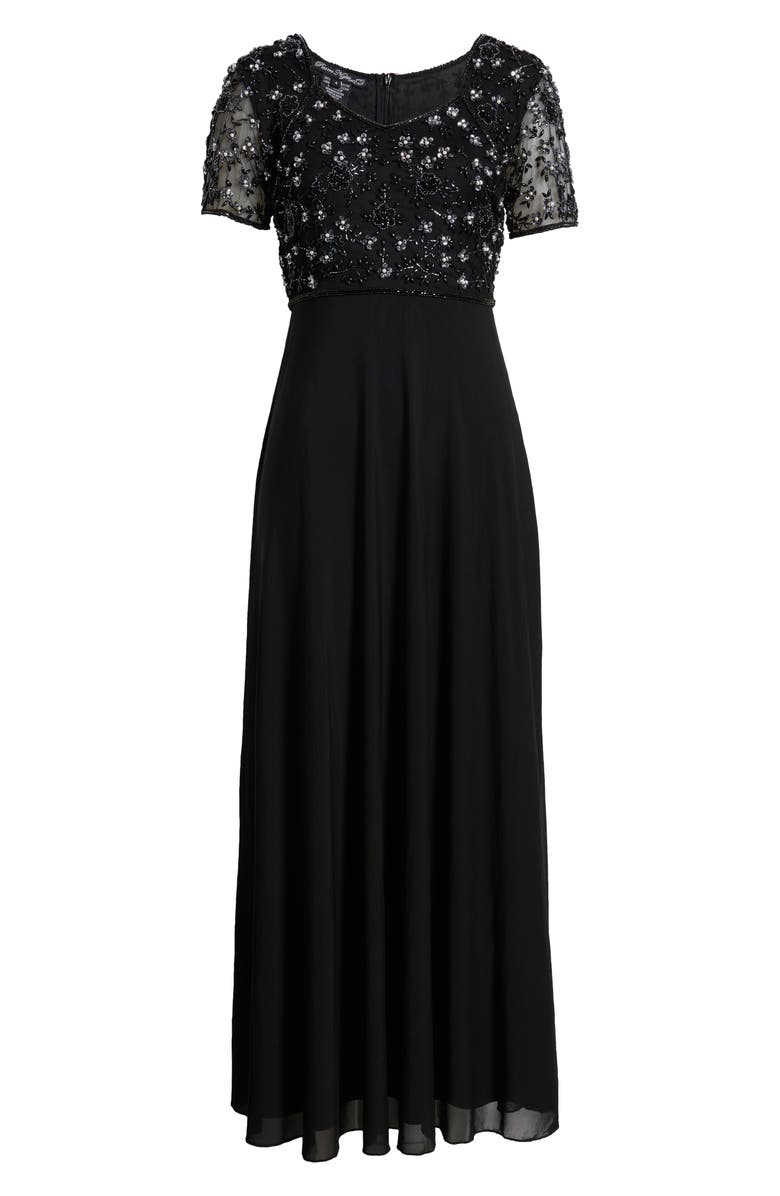 Pisarro Nights Beaded Bodice Short Sleeve Gown, Alternate, color, Black