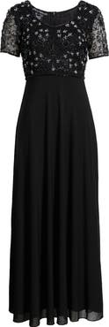 Pisarro Nights Beaded Bodice Short Sleeve Gown