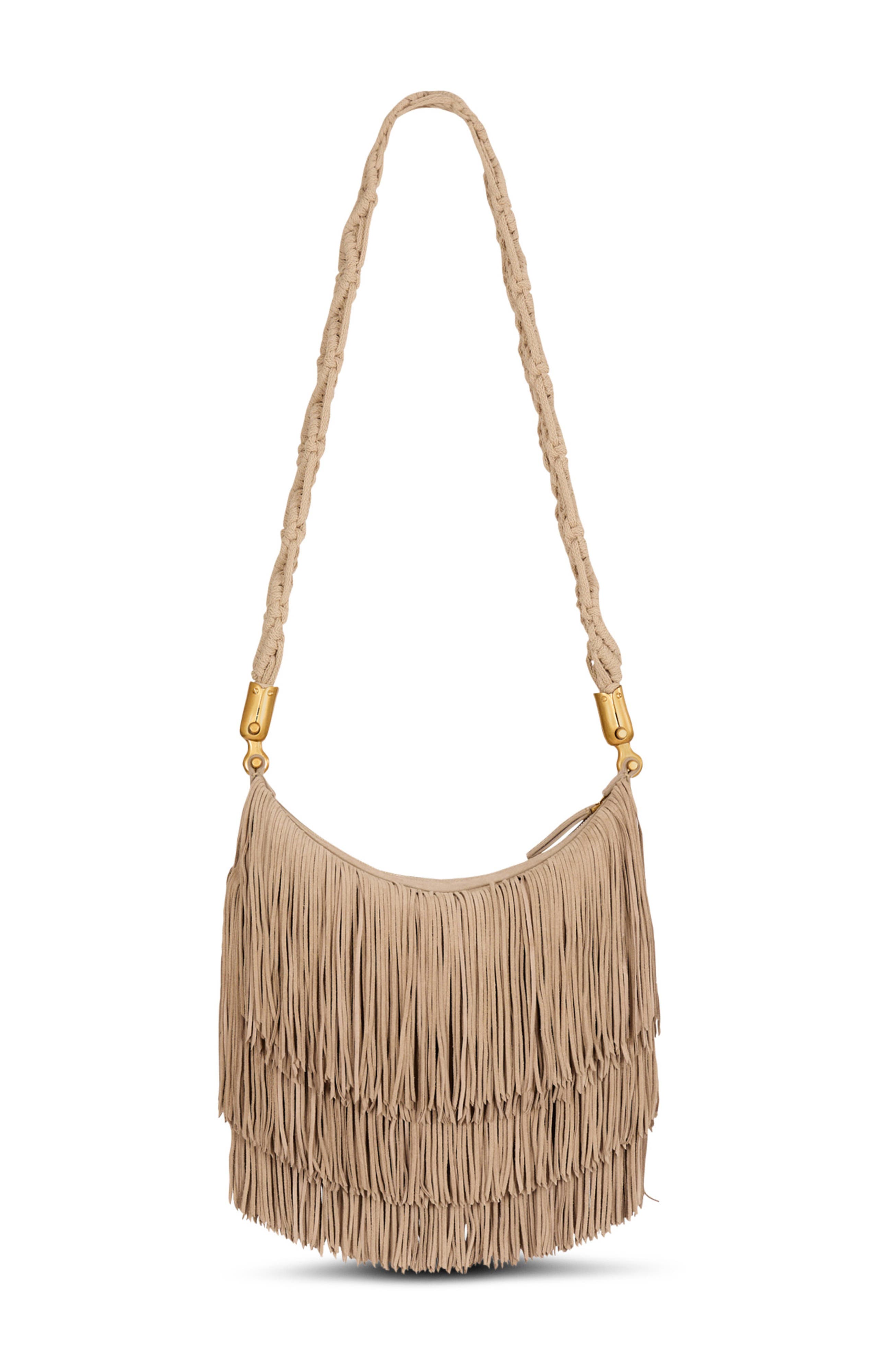 Balmain Ebene Hobo fringed suede bag, Alternate, color, Beige